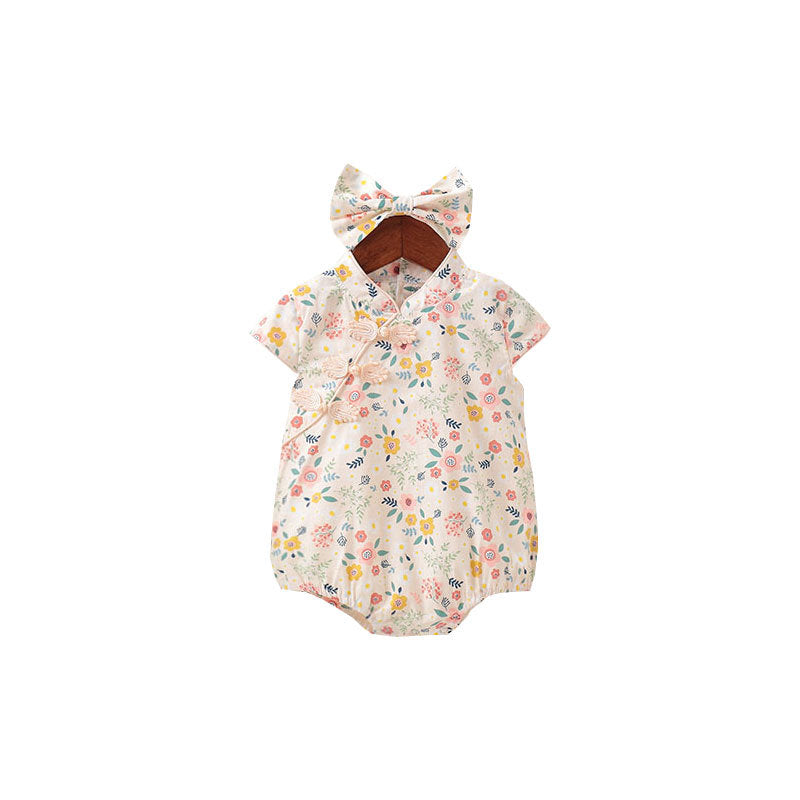 Korean Style Summer Rompers Floral Cheongsam Cotton Jumpsuit, Climbing Suit