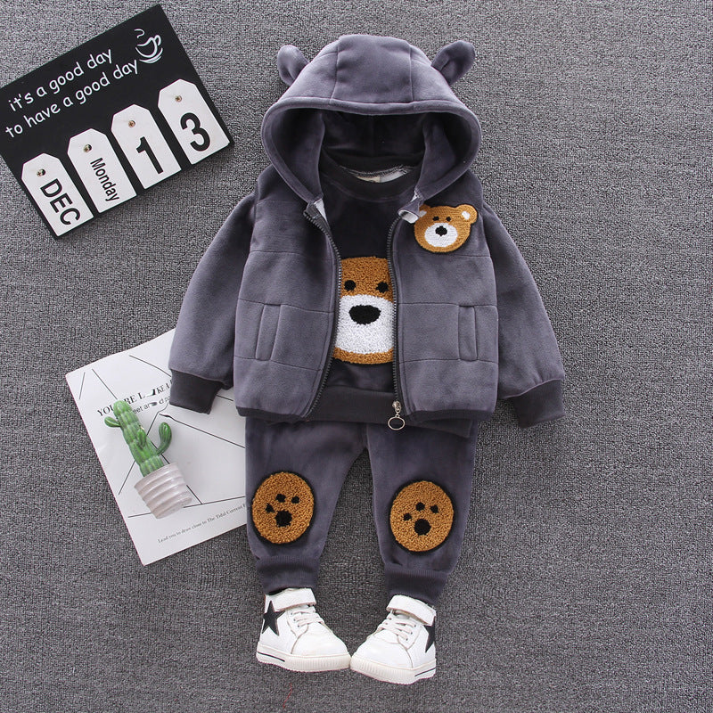 Children's Clothing Korean Style Cartoon Veet Bear Three-piece Boys Children's Suit