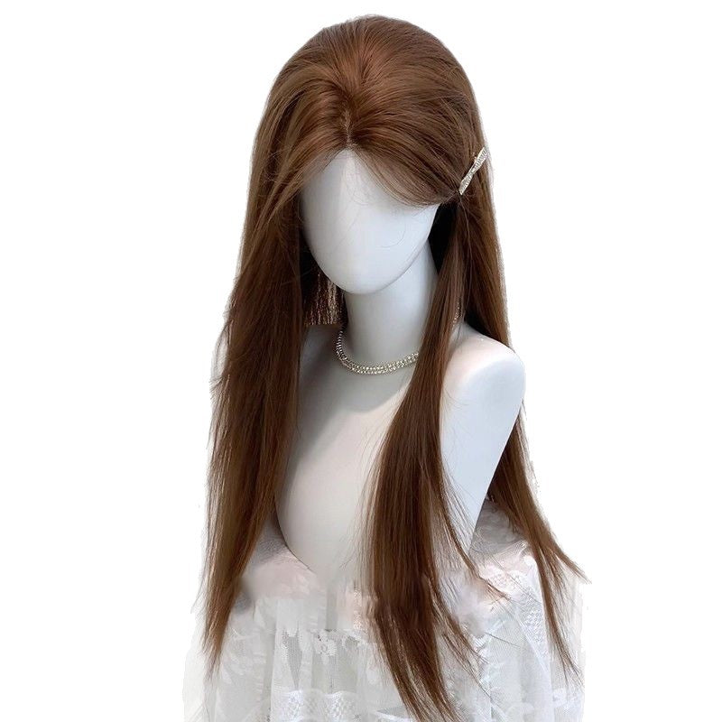 Khaki Female Forehead Hand-woven Lace Hair Linen Brown Long Straight Wig