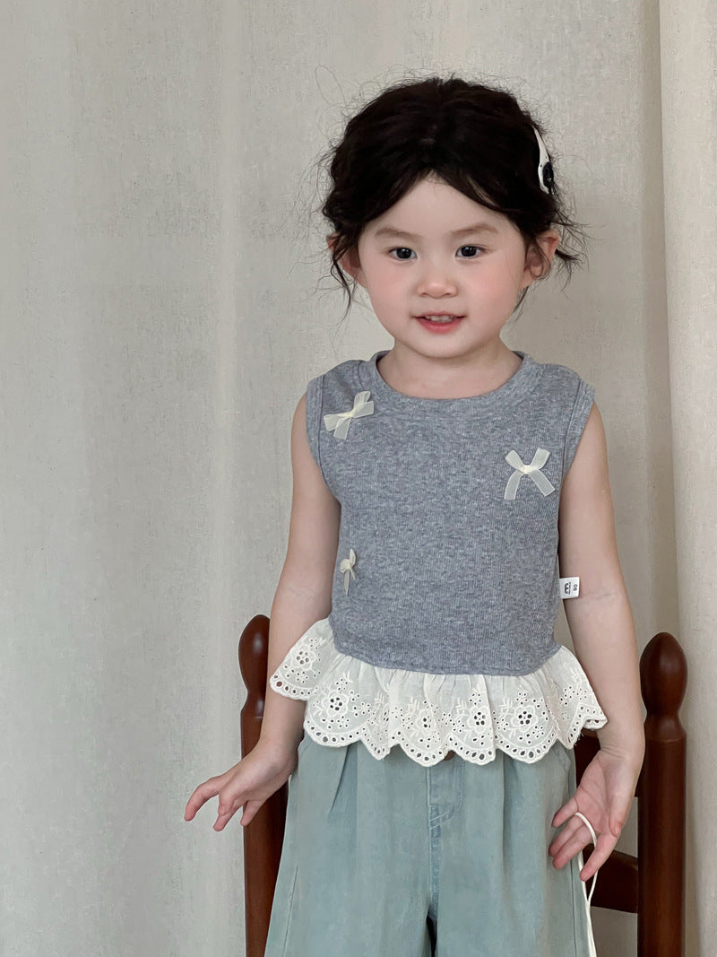 Children's Summer Korean Lace Sleeveless Top Sweet Bow Princess Children's T-shirt