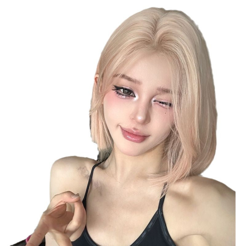 Pink Golden Shoulder Collarbone Summer Bangs Daily Wig Short Straight Hair