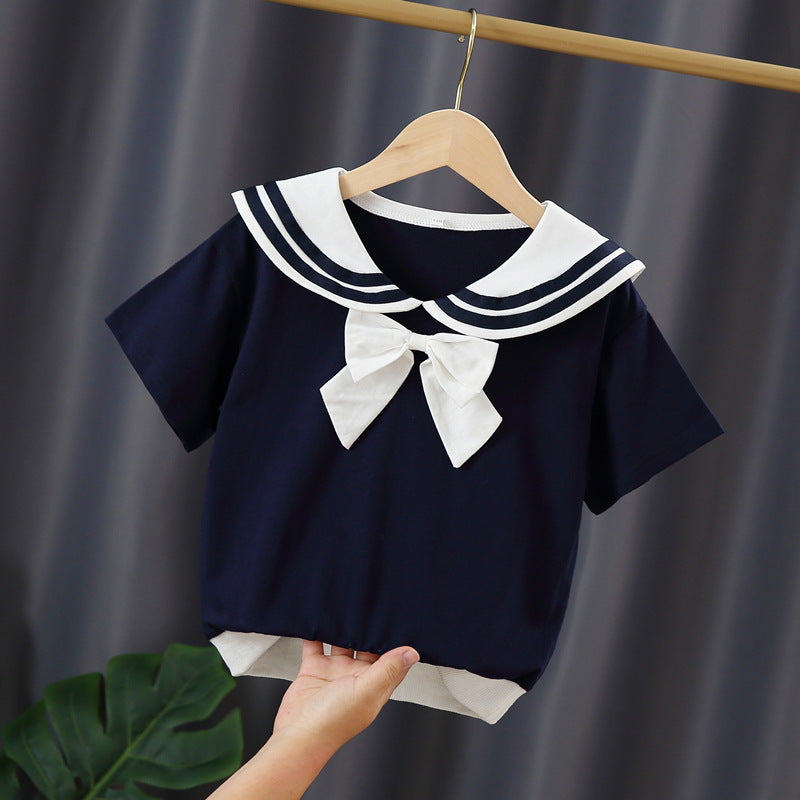 Children's Clothing Short-sleeved Thin Summer Navy Style Lapel Princess Bottoming Shirt Children's T-shirt