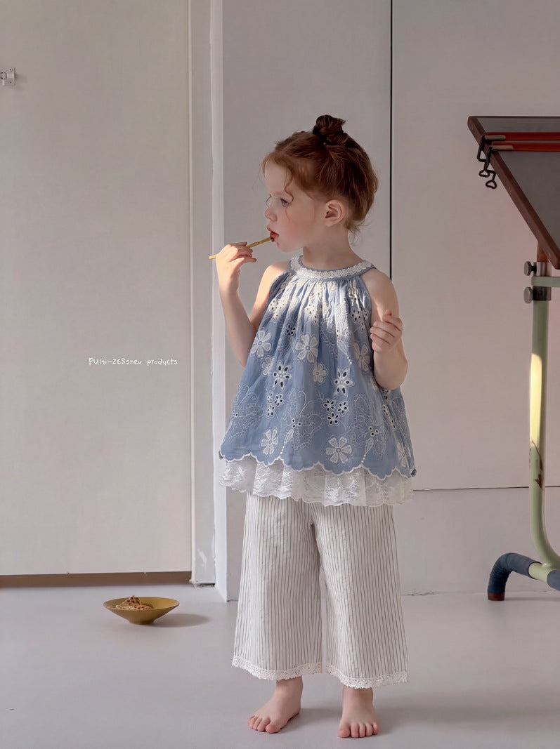 Summer Lace Mesh Stitching Striped Ruffles Children's Pants