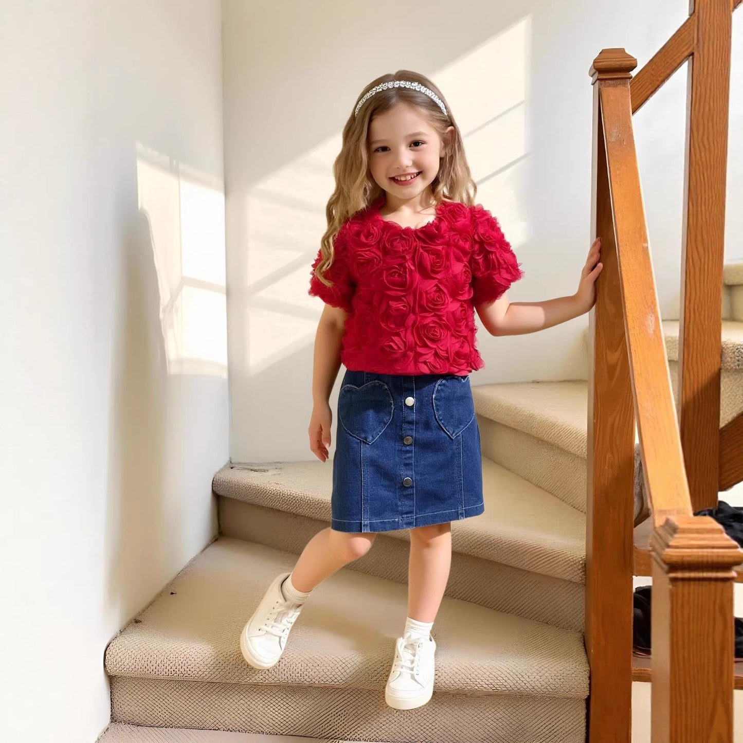 Three-dimensional Rose Short-sleeved Shirt Love Denim Skirt Children's Suit