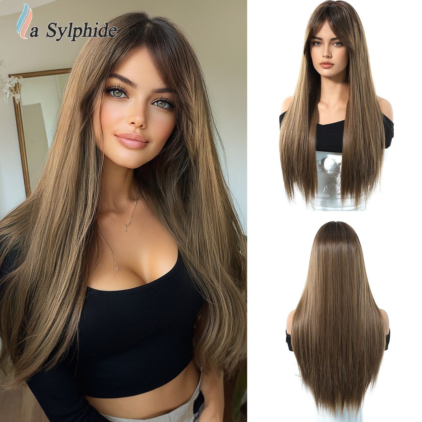 Female Brown Hair Hood Chemical Fiber Mechanism Simulation Natural Long Straight Wig