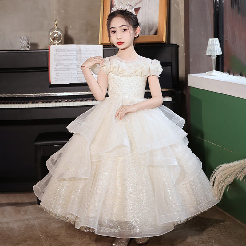 Evening Long Puff Yarn Host Performance Children's Dress