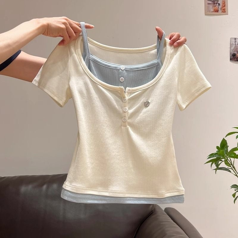 Women's & Children's Medium Large Version Contrast Colors Stitching Half-open Collar Short-sleeved Small Children's T-shirt
