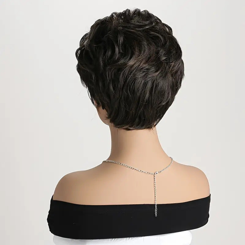 Women's Fashion Fluffy Side Bangs Black Brown Wig Short Curly Hair