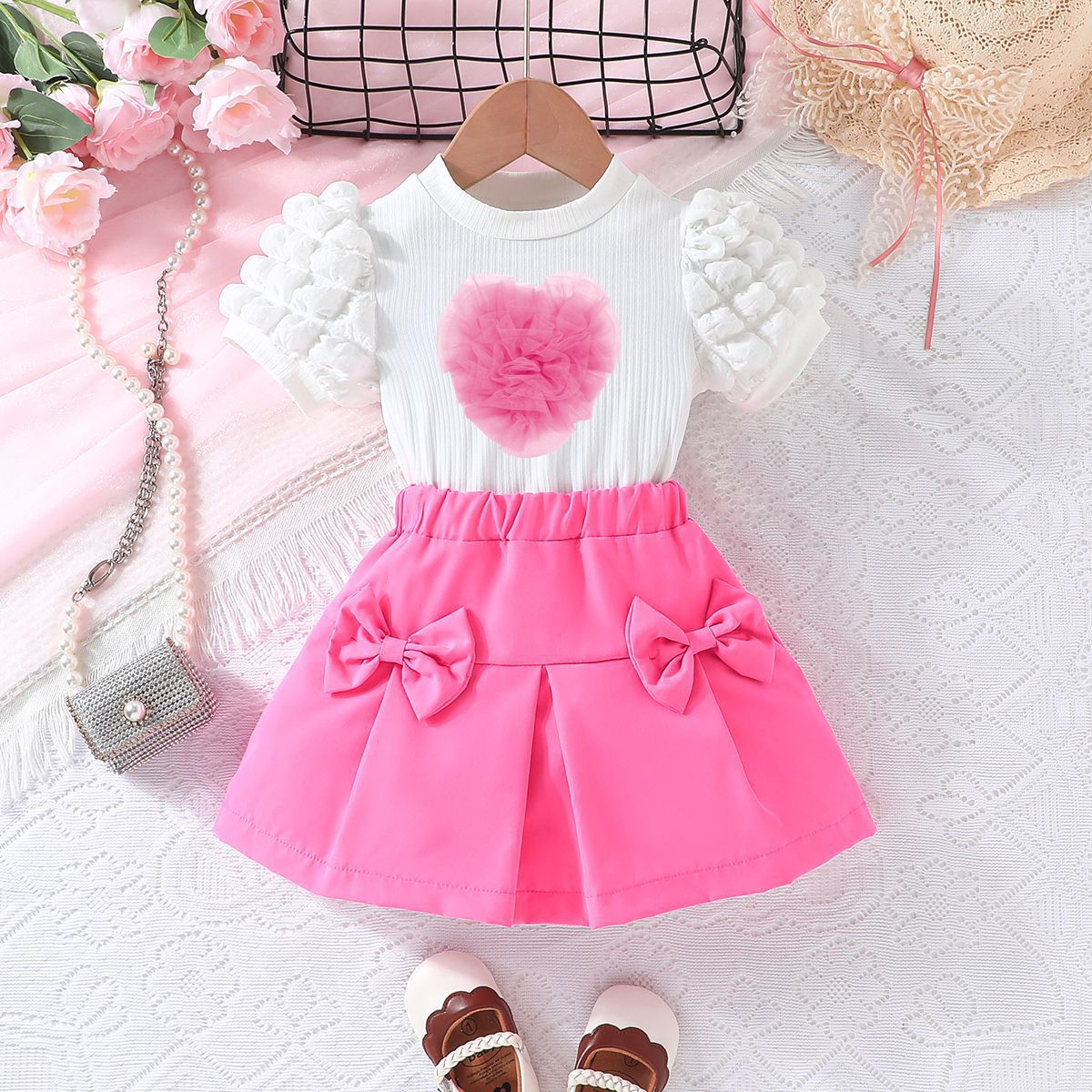 Puff Short Sleeve Coat Order Love Heart Bow Tie Children's Suit
