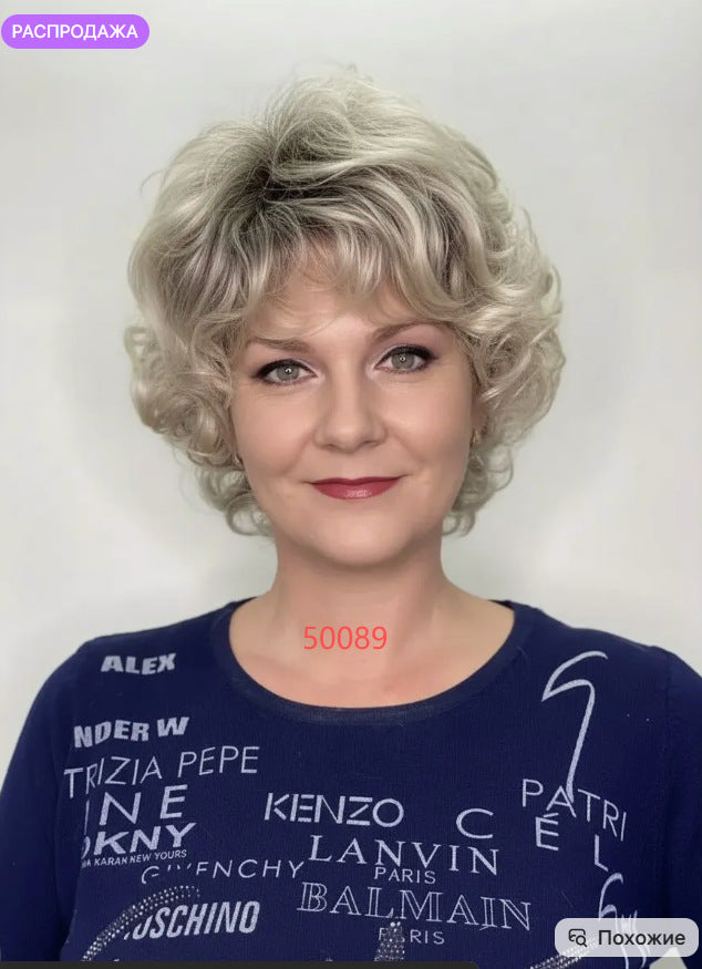 Women's Fashion Gray White Mixed Color Short Curly Hair Side Bangs Long Straight Wig