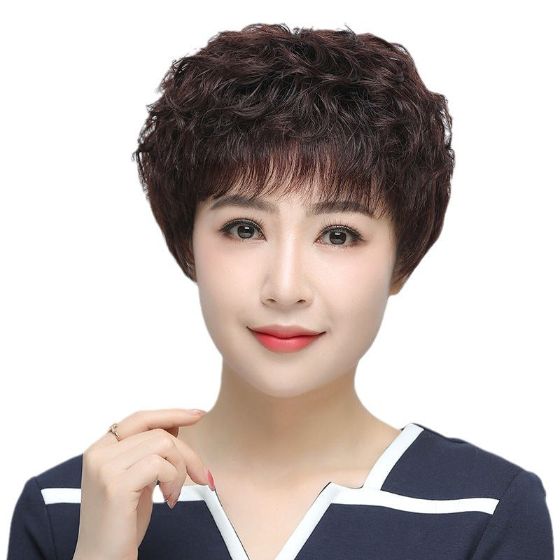 Women's Short Full Head Lady Mom Natural Breathable Curly Real Hair Wig