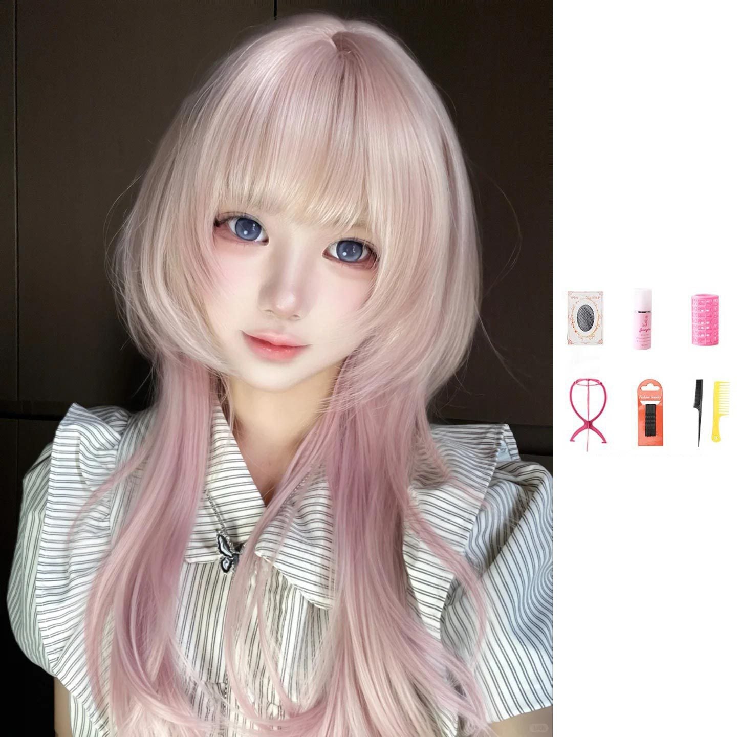 Female Cherry Pink High Level Head Daily Face Repair Long Straight Wig