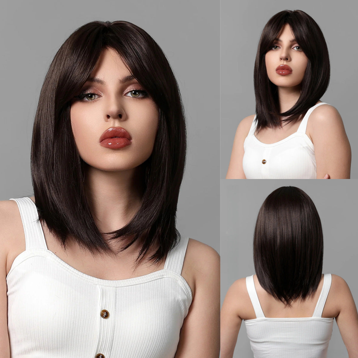 Shelf Bangs Layered Brown Collarbone Length Haircut Micro Volume Wig Short Curly Hair