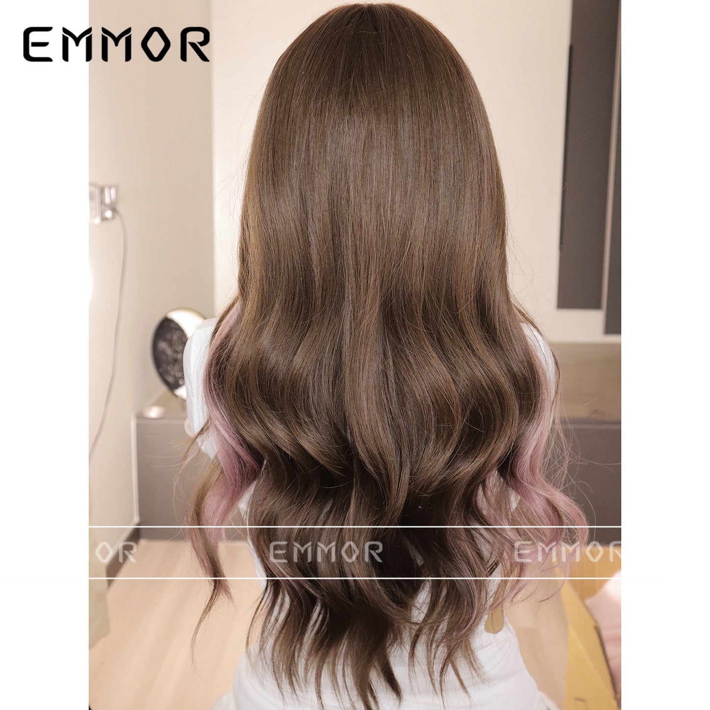 Women's Hair Brown Dyed Pink Fluffy Cover Wig Long Curls