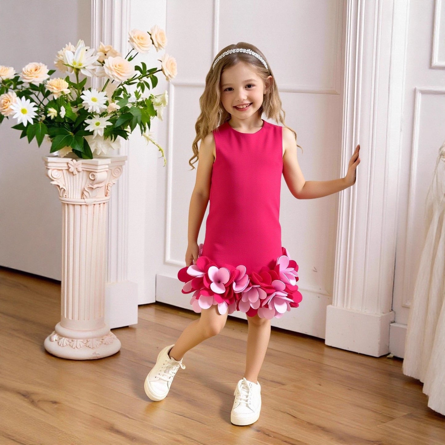 Solid Color Princess Summer Three-dimensional Flower Costume For Children's Dress