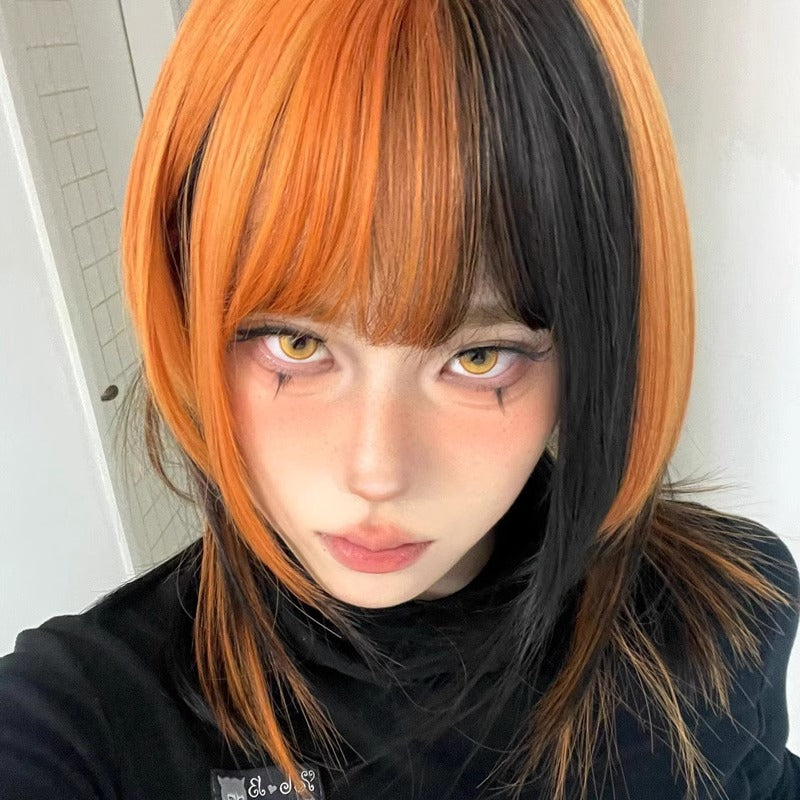Female Black Dirty Orange Highlight Collarbone Long Straight Wig
