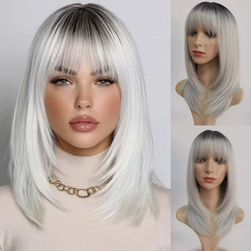 Gradient Gray White Mid-length Hair Younger Long Straight Wig