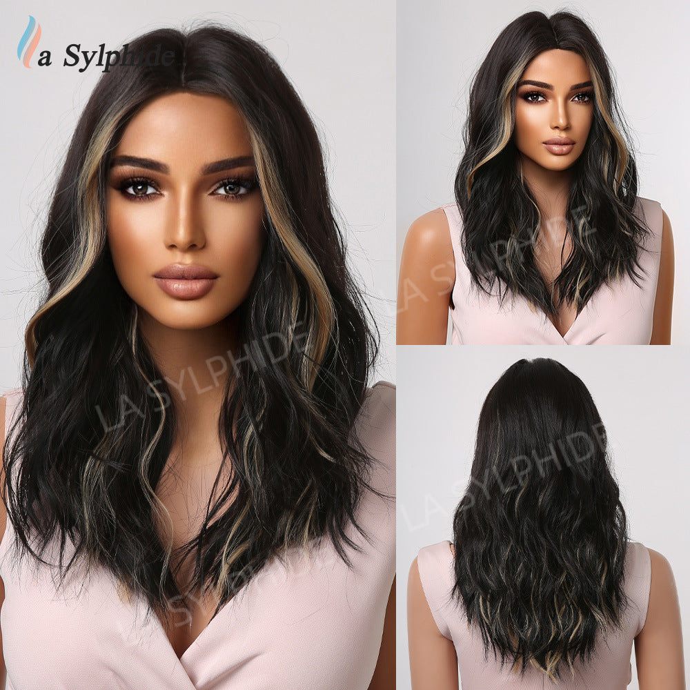 Curly Hair Medium Black Brown Dyed Female Head Cover Fiber Wig Long Curls