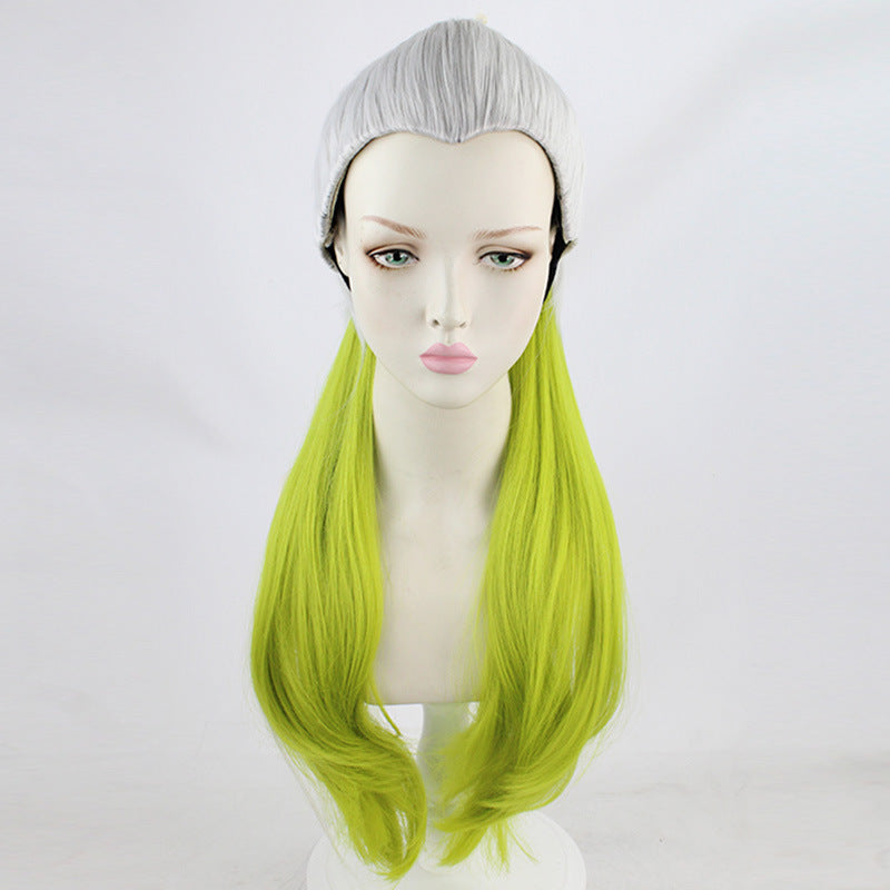 Sier Gradient Green Ponytail Curly Long Hair Winding Cos Wig