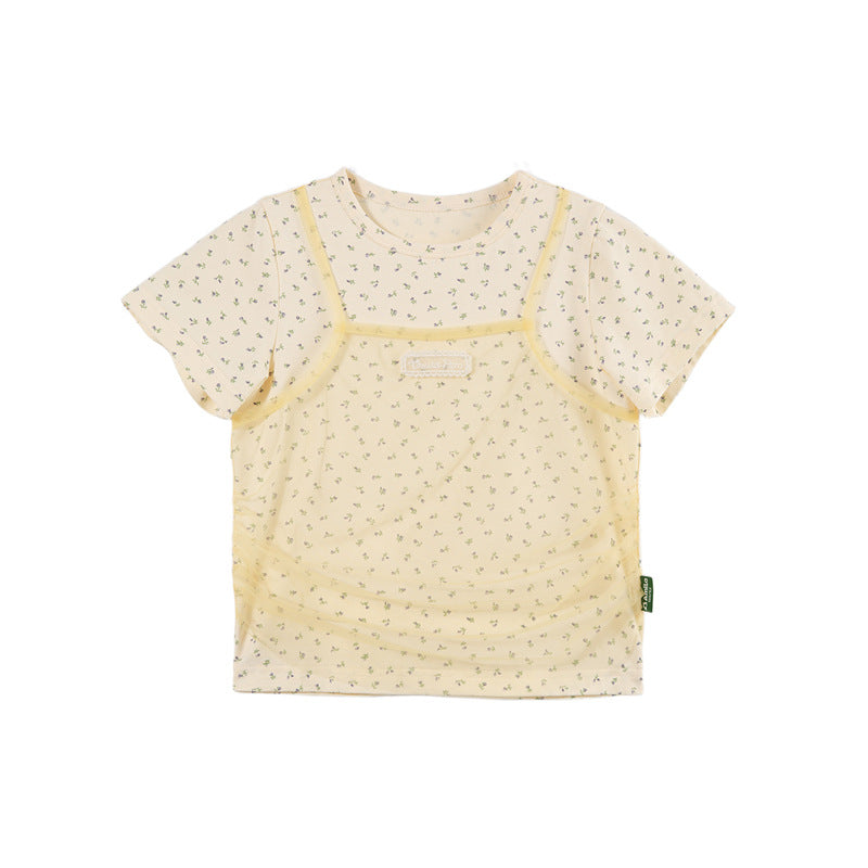 Children's Clothing Summer Floral Bottoming Mesh Camisole Pastoral Style Children's T-shirt