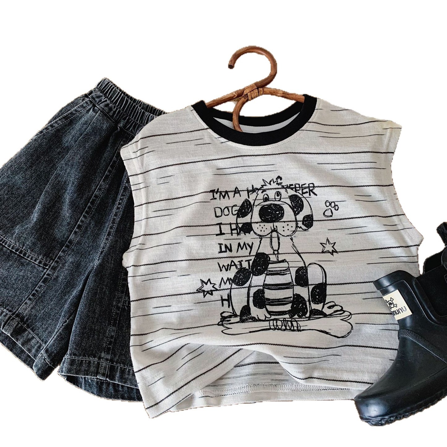 Children's Summer Fashion Cartoon Striped Two-piece Woven Children's Suit