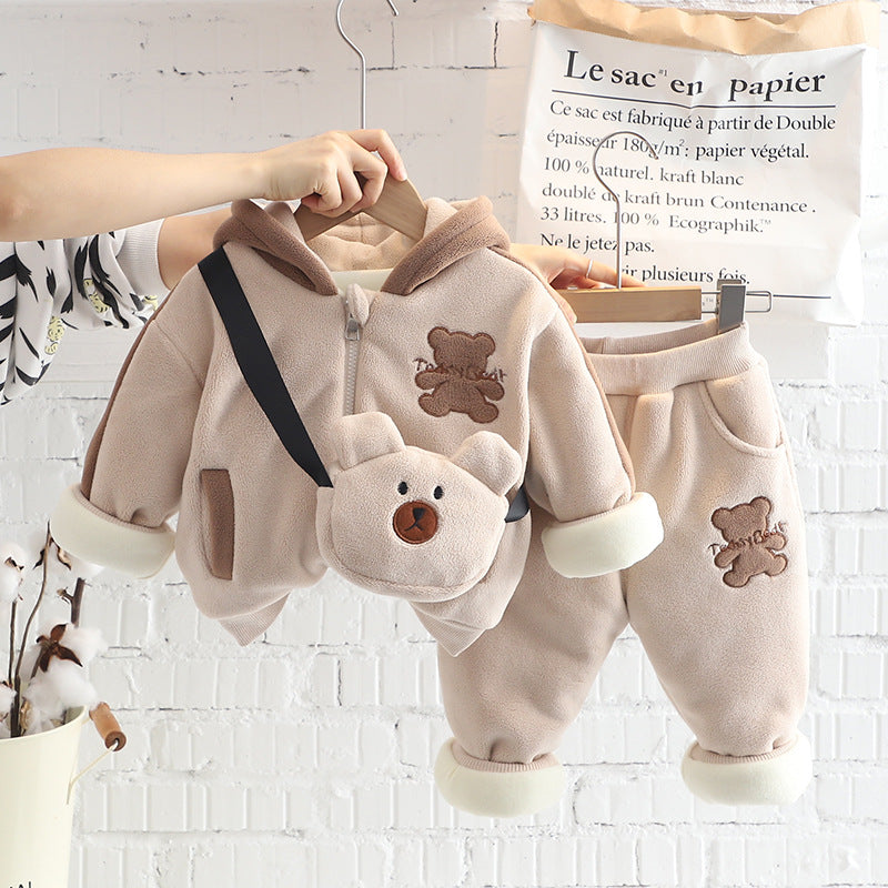 Children's Thickened Set Winter Boys Cartoon Hooded Shirt Two-piece Quilted To Children's Suit