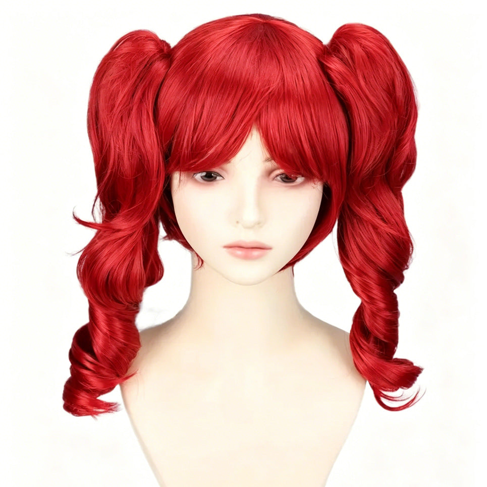 Female Red Double Ponytail Jaws Clamp Curly Hair Party Cos Wig
