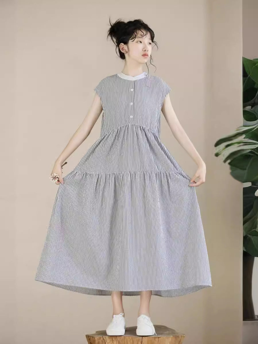 Summer Striped Stand Collar Long Sleeveless Children's Dress