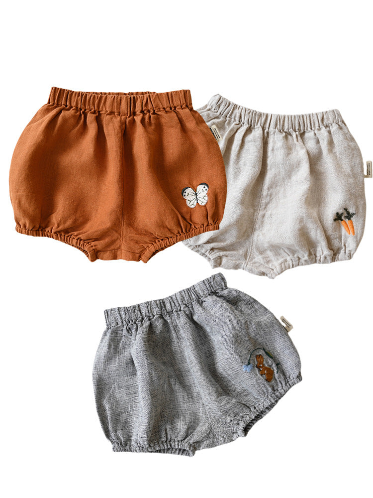 Children's Summer Pure Linen Shorts Embroidered Bloomers Thin Children's Pants