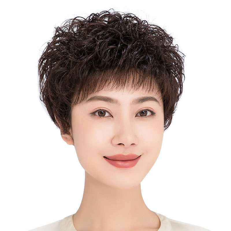 Female Fluffy To Give Mom Human Cover Wig Short Curly Hair
