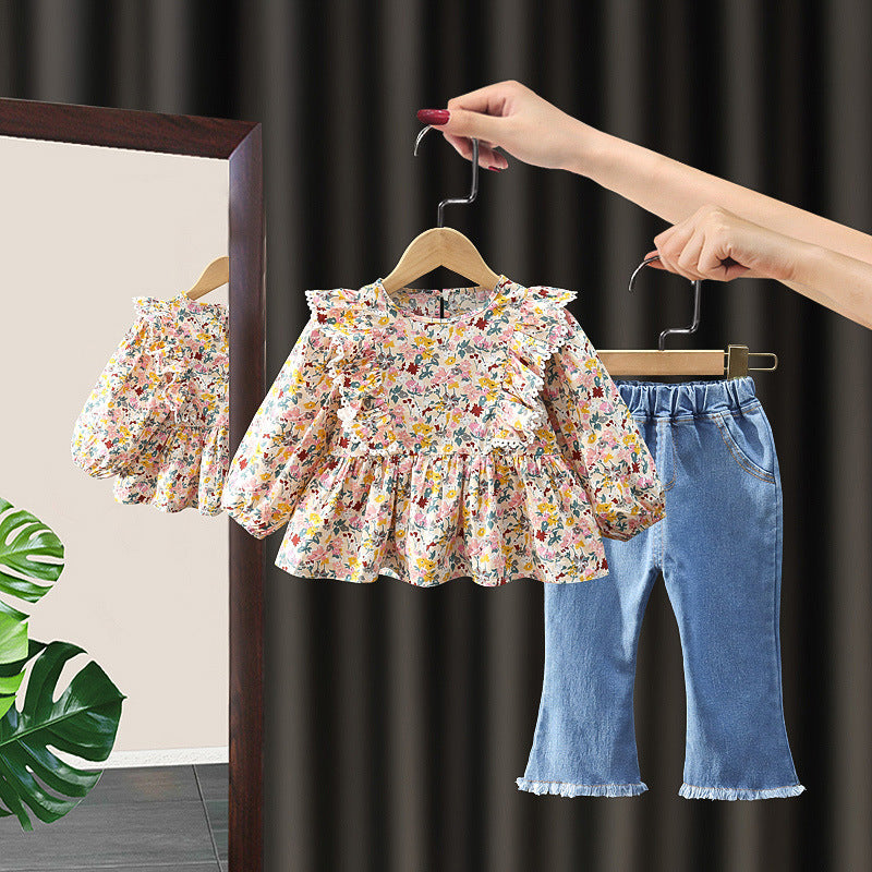 Long Sleeve Shirt Casual Jeans Two-piece Children's Suit