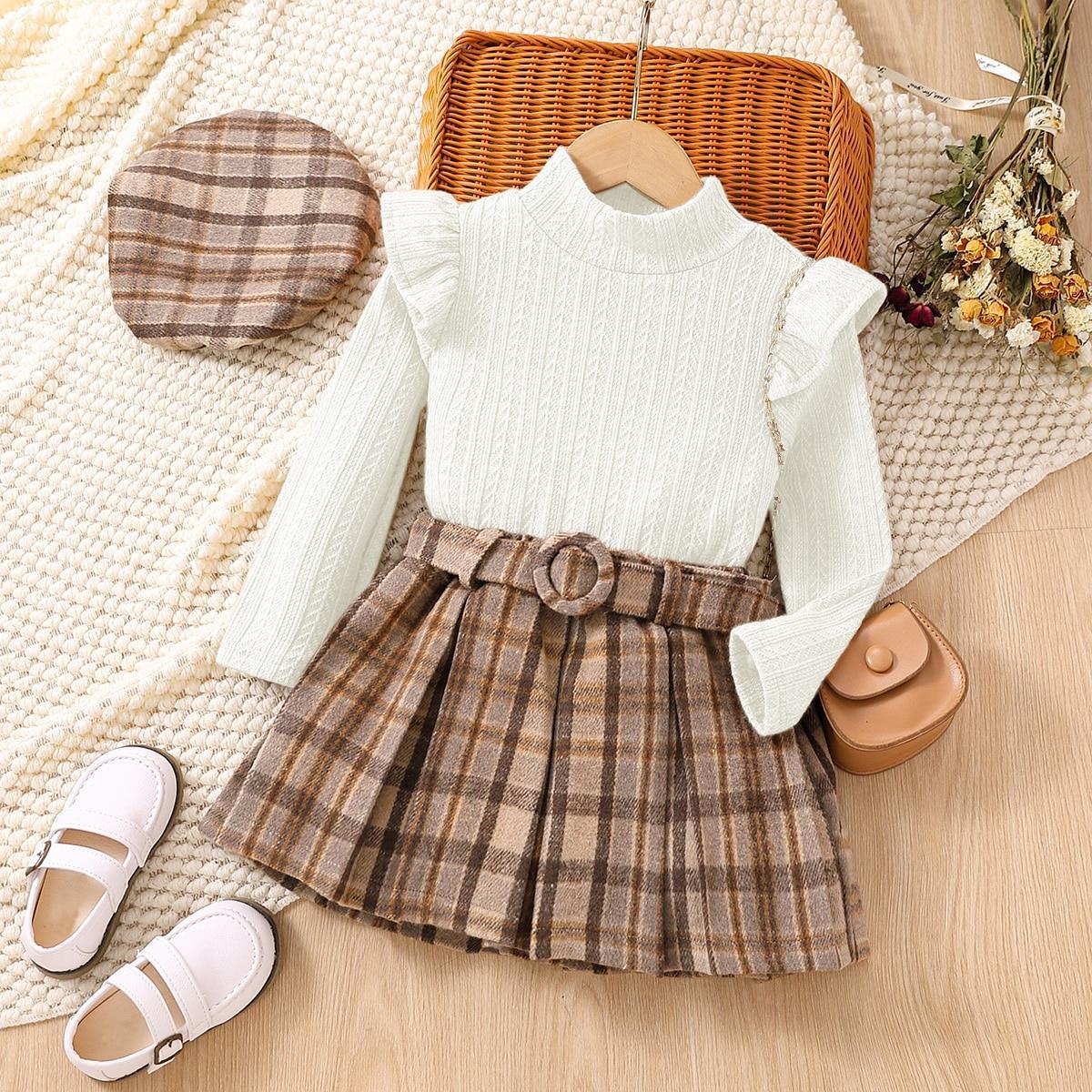 Children's Clothing Long-sleeved Lace Collar Plaid Pleated Children's Suit