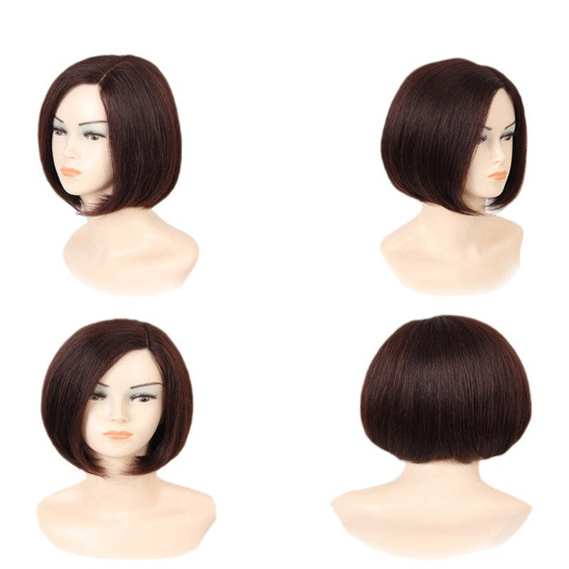 Women's Short Head Cover Split Side Straight Real Hair Wig