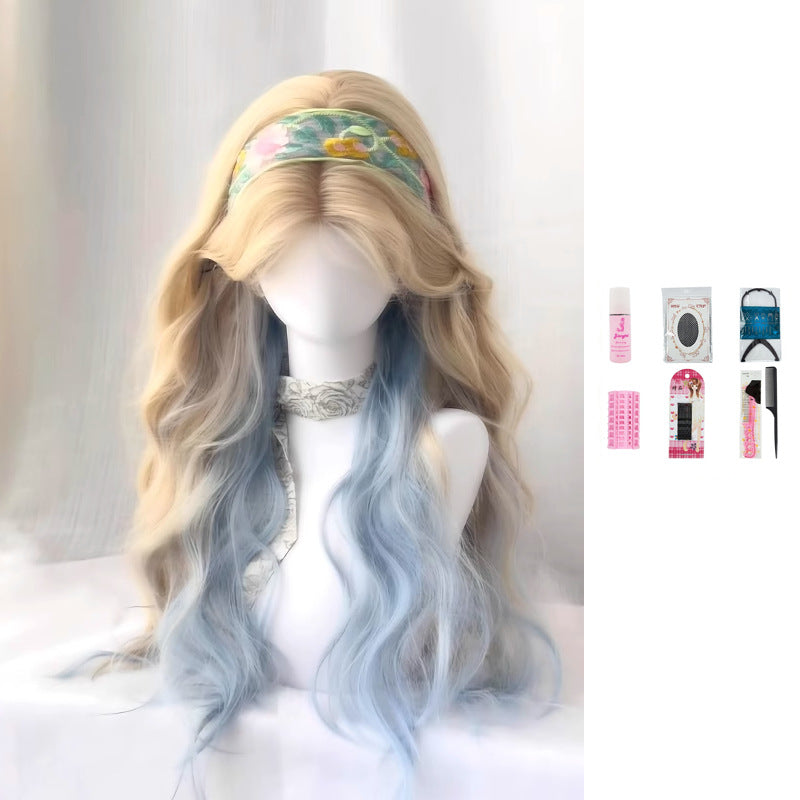 Female Platinum Color Gradient Blue Mid-length Bangs Curly Hair Natural Wig Long Curls