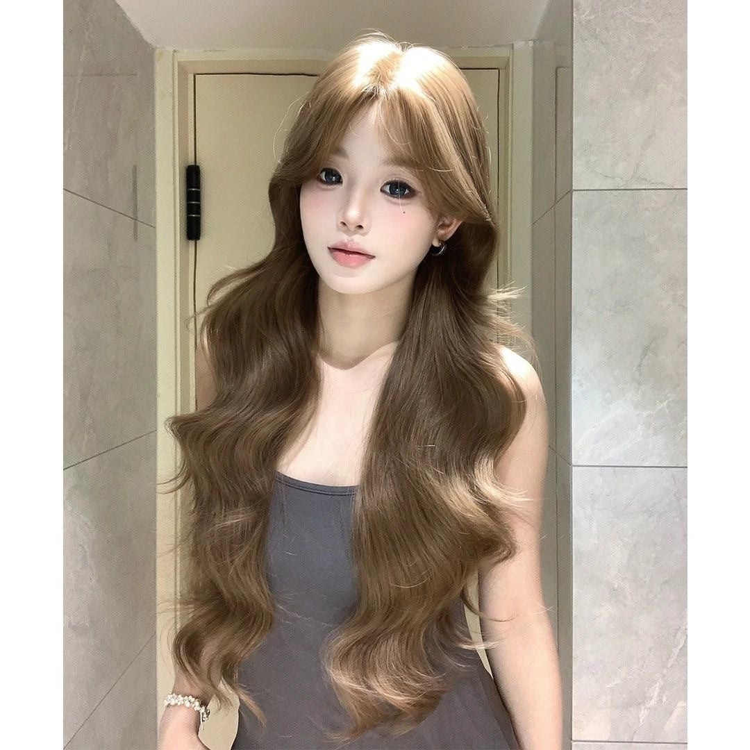 Korean Style Gold Female Linen Brown Elegant Big Wave Curly Wig Long Curls