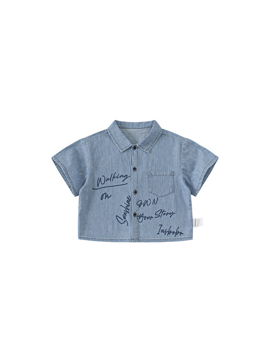 Children's Clothing Tops Summer Striped Printed Handsome Denim Wear Children's Shirt