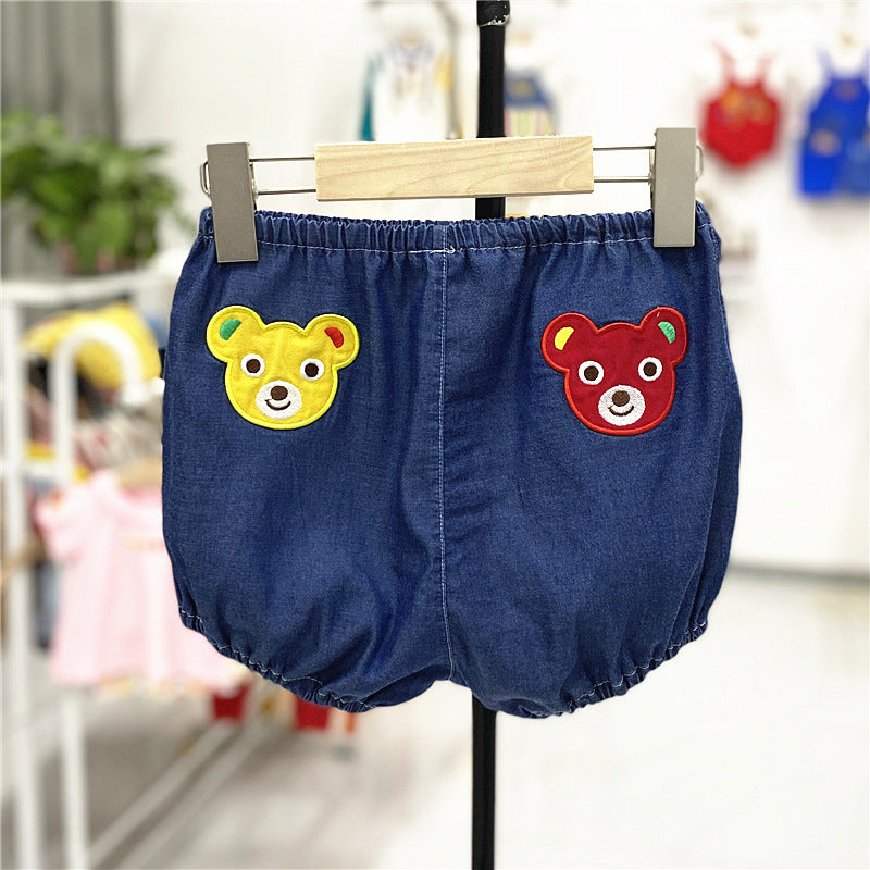 Children's Soft Embroidered Denim Bear Bunny Shorts Big Outer Children's Pants