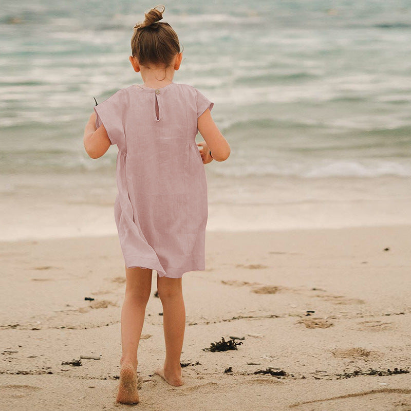 Women's Promotion High Quality Pure Linen Casual Vacation Short-sleeved Skirt Round Children's Dress
