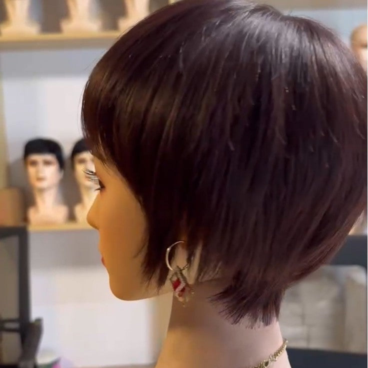Women's Sheath Full Human Inner Buckle Repairing Face Skin Mid-length Wig Short Straight Hair