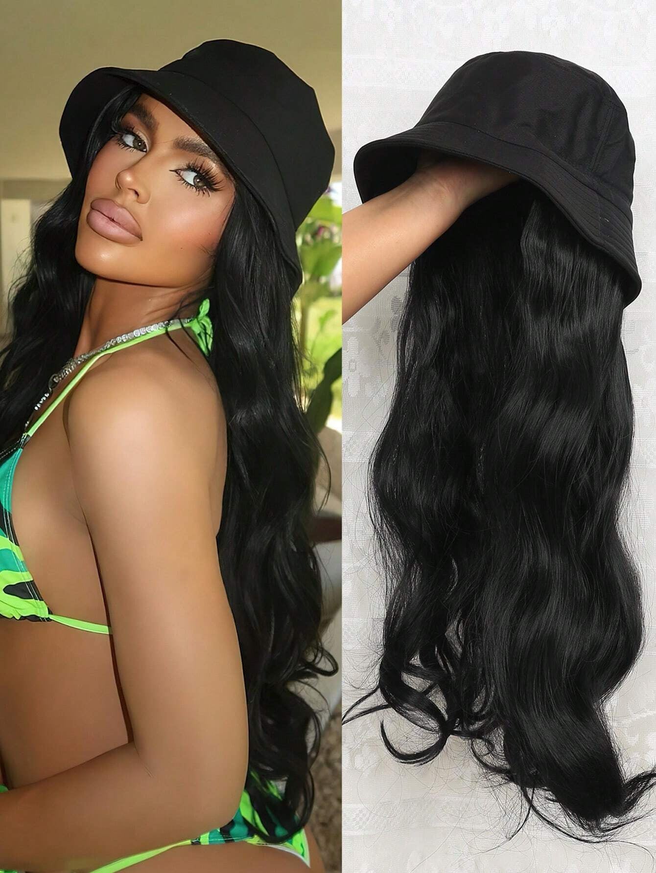Hat Integrated Black Knitted Beret Golden Long Straight Hair Chemical Other Wig
