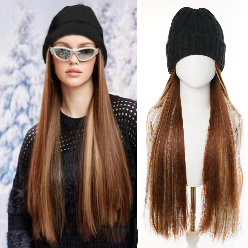 Hat One Black Knitted Golden Long Straight Hair Chemical Other Wig