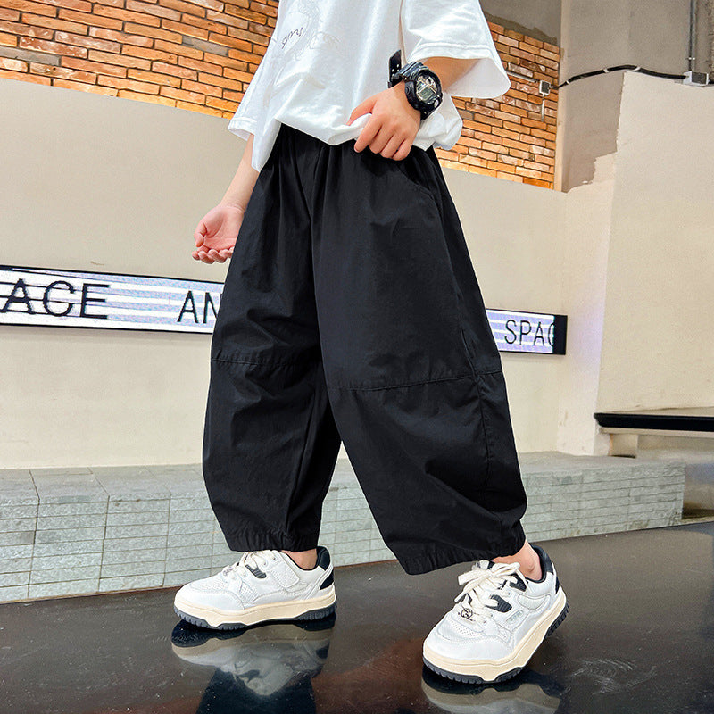 Older Boys Black Straight Lantern Overalls Summer Loose Children's Pants
