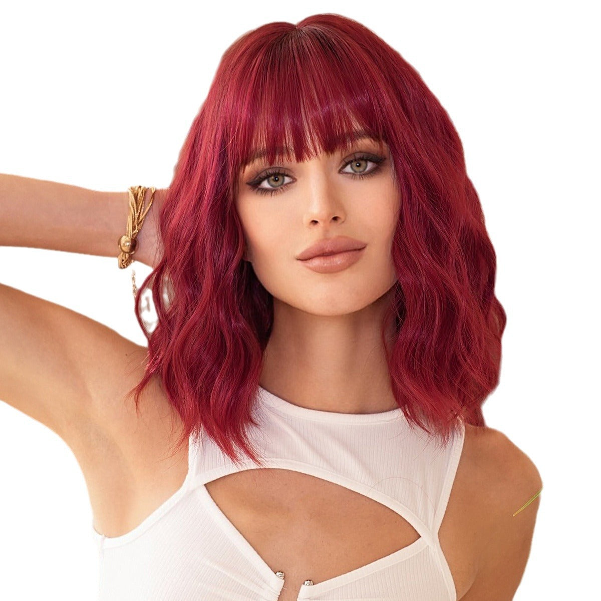 Red Inch Female Straight Bangs Water Ripple Head Chemical Wig Short Curly Hair