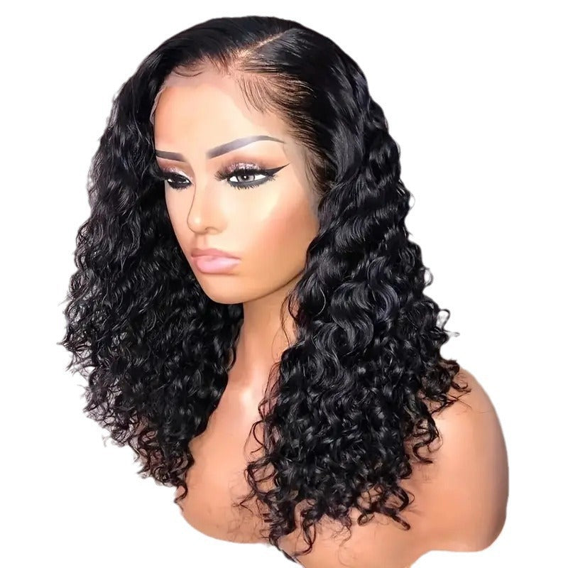 Mid-length Black Hand Tube Wrapped Small Female Front Wig Short Curly Hair