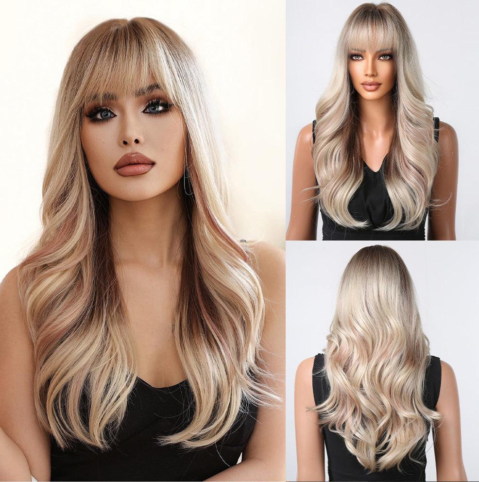 Straight Bangs Curly Hair Gradient White Gold Color Mechanism Wig Long Curls