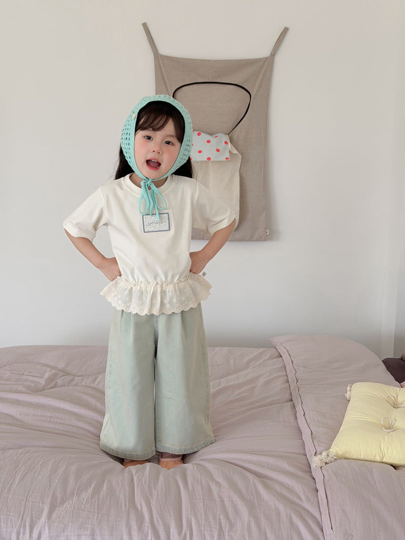 Children's Wheat Field Korean Ruffled Short Sleeves Summer Floral Patchwork Stitching Children's T-shirt