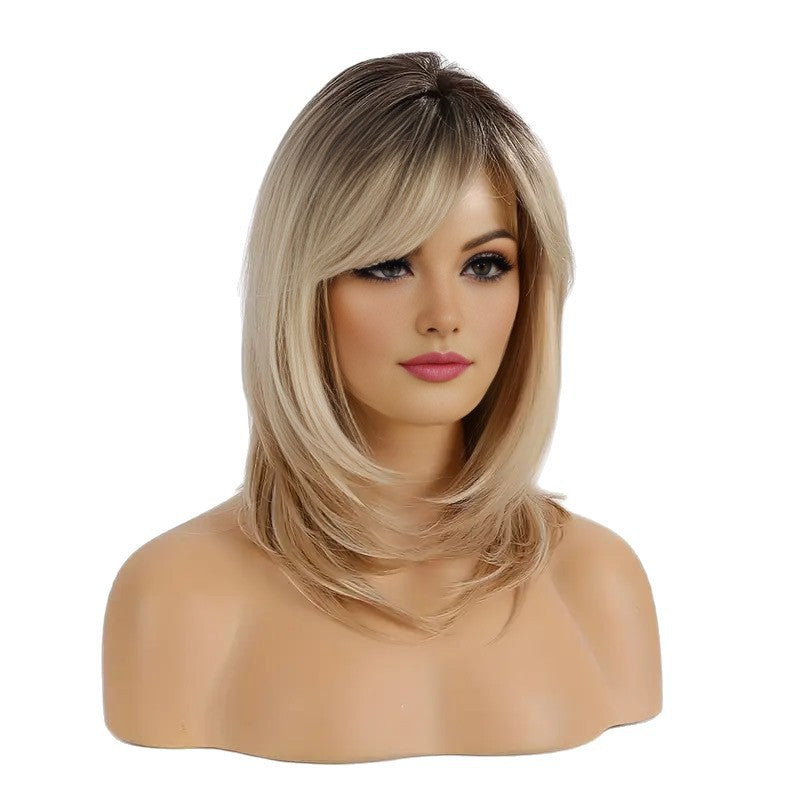 Women's Mid-length Hair Bangs Golden For Suitable Daily Long Straight Wig