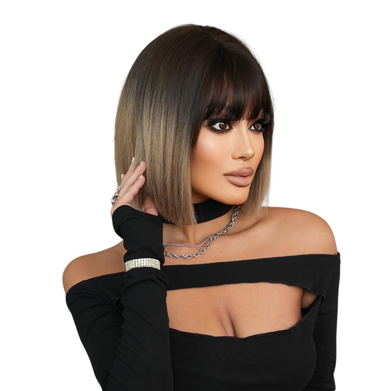 Women's Gradient White Tea Female Artificial Fluffy Wig Short Straight Hair