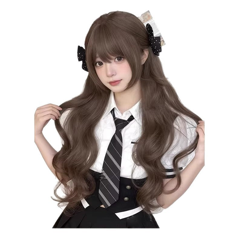Women's Honey Tea Nougat Pastry Hair Upgrade Layer Thick Sideburns Double Wig Long Curls