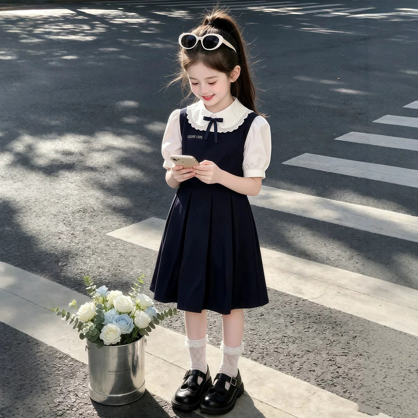 Summer Sweet Teens Short Sleeve Doll Collar Fake Two-piece Skirts Children's Dress